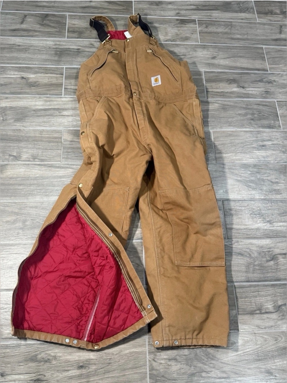 Carhartt Brown Duck Insulated Bib Overalls Red Quilt Lined R38 BRN Men's 36x28